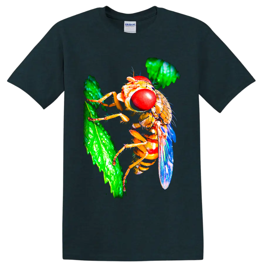 Macro fly with vivid red compound eyes, blue wings, and green leaf nature art on a Midnight (Green) T Shirt