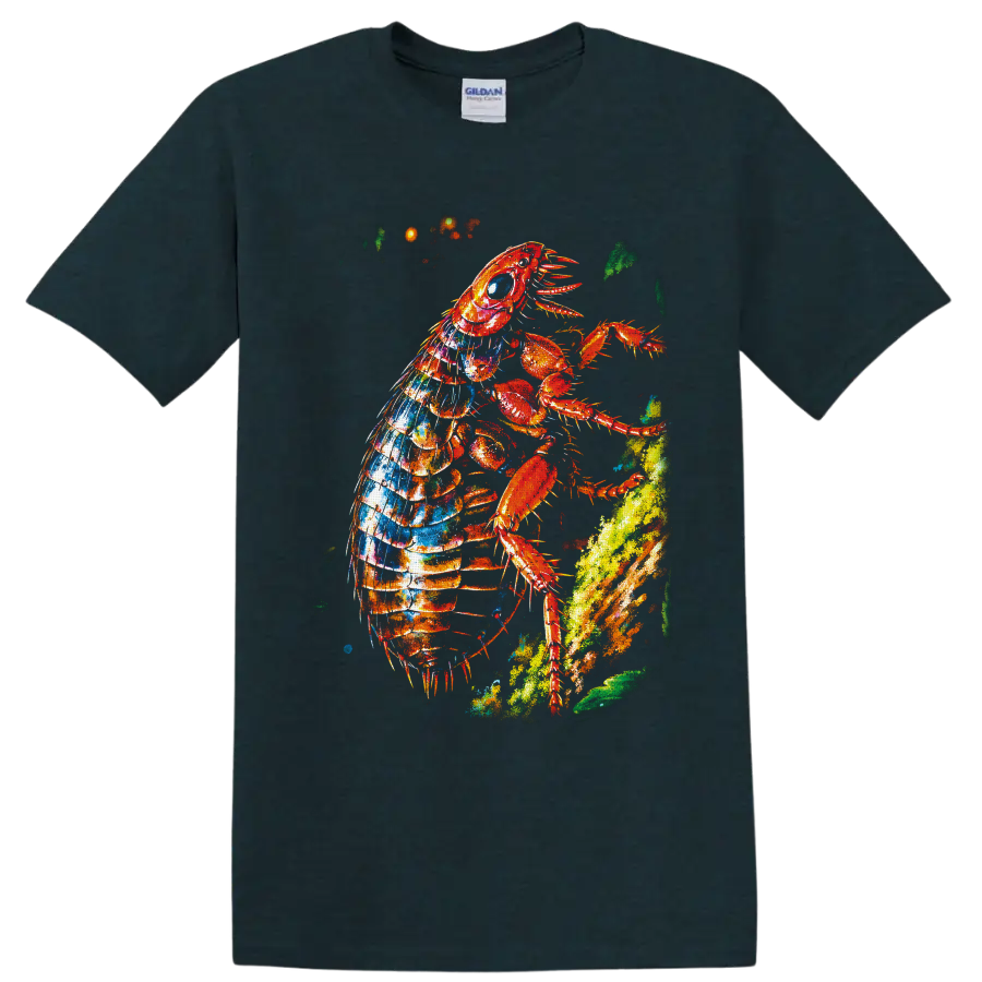 Colorful paint-splatter lobster climbing a bright ocean reef on a Midnight (Green) T Shirt