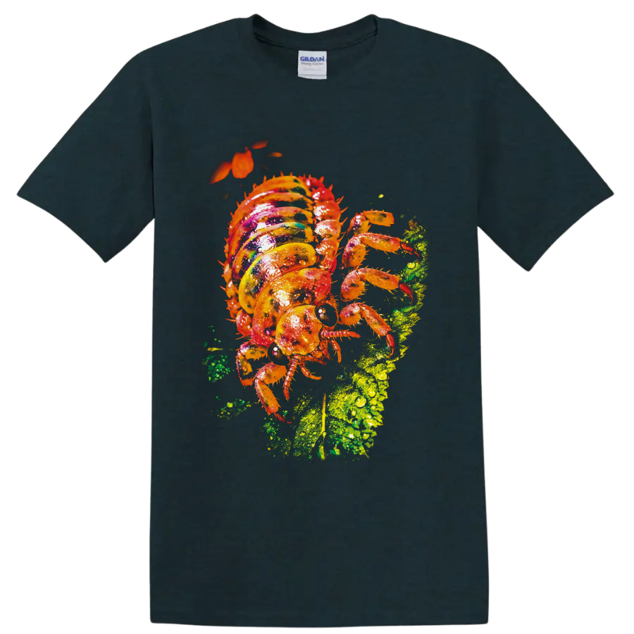 Colorful orange spiny insect on a dew-covered green leaf in vivid macro nature art on a Midnight (Green) T Shirt