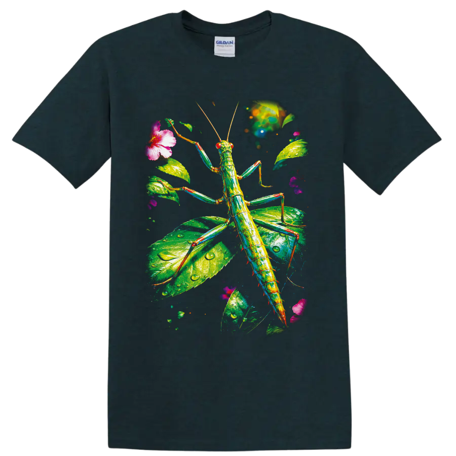 Colorful stick insect in luminous rainforest leaves with pink tropical flowers on a Midnight (Green) T Shirt
