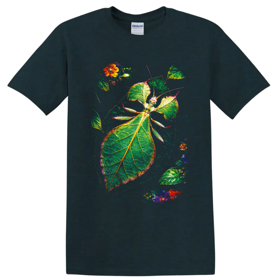 Leaf insect botanical illustration with veined green foliage and colorful flowers on a Midnight (Green) T Shirt