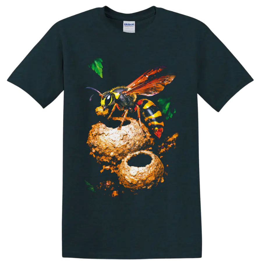 Colorful close-up wasp with orange wings on textured honeycomb-inspired nature art on a Midnight (Green) T Shirt