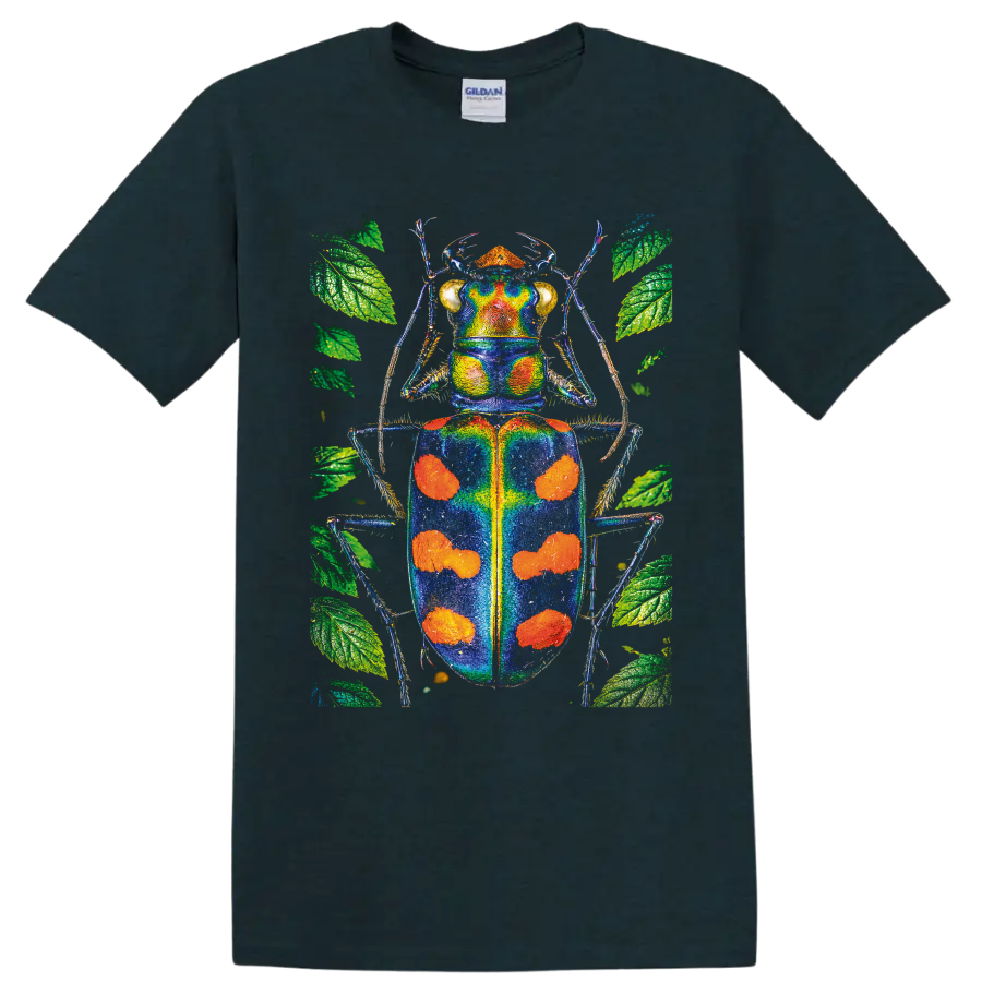 Vibrant blue and orange beetle illustration surrounded by green botanical leaves on a Midnight (Green) T Shirt