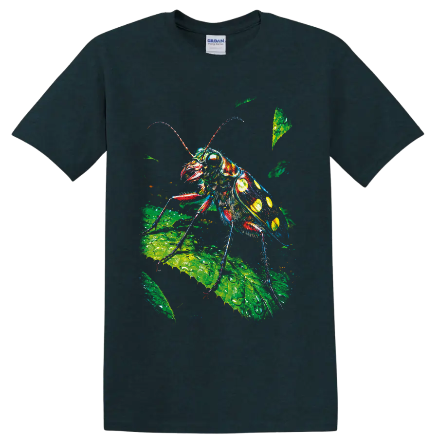Colorful cockroach illustration on green botanical leaves in paint-splashed nature art on a Midnight (Green) T Shirt