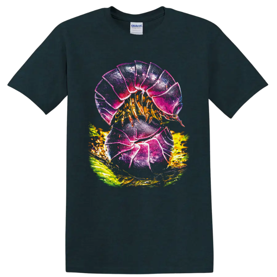 Colorful hermit crab with jewel-toned shell, golden legs, and tropical leaves on a Midnight (Green) T Shirt