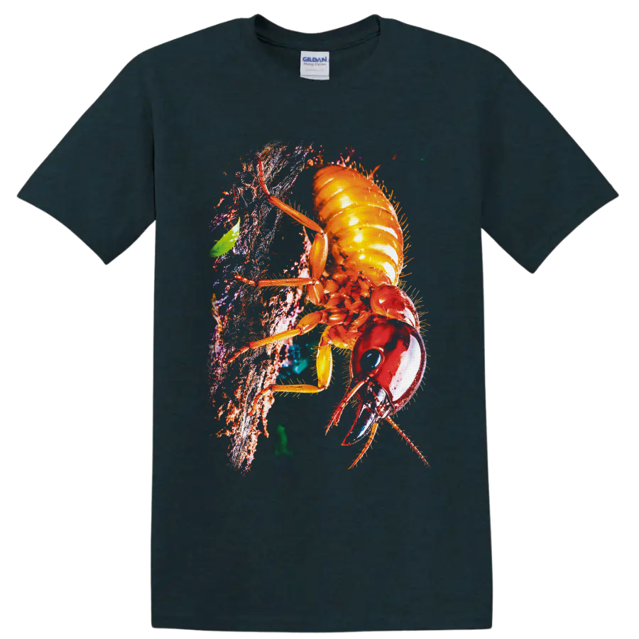 Colorful macro cockroach climbing textured bark in vivid nature art style on a Midnight (Green) T Shirt