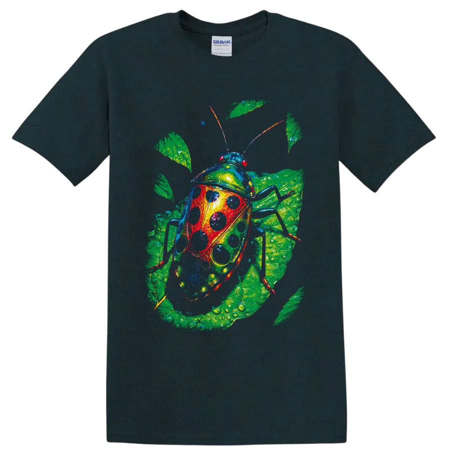 Colorful spotted beetle nature art with dew-covered tropical leaves on a Midnight (Green) T Shirt