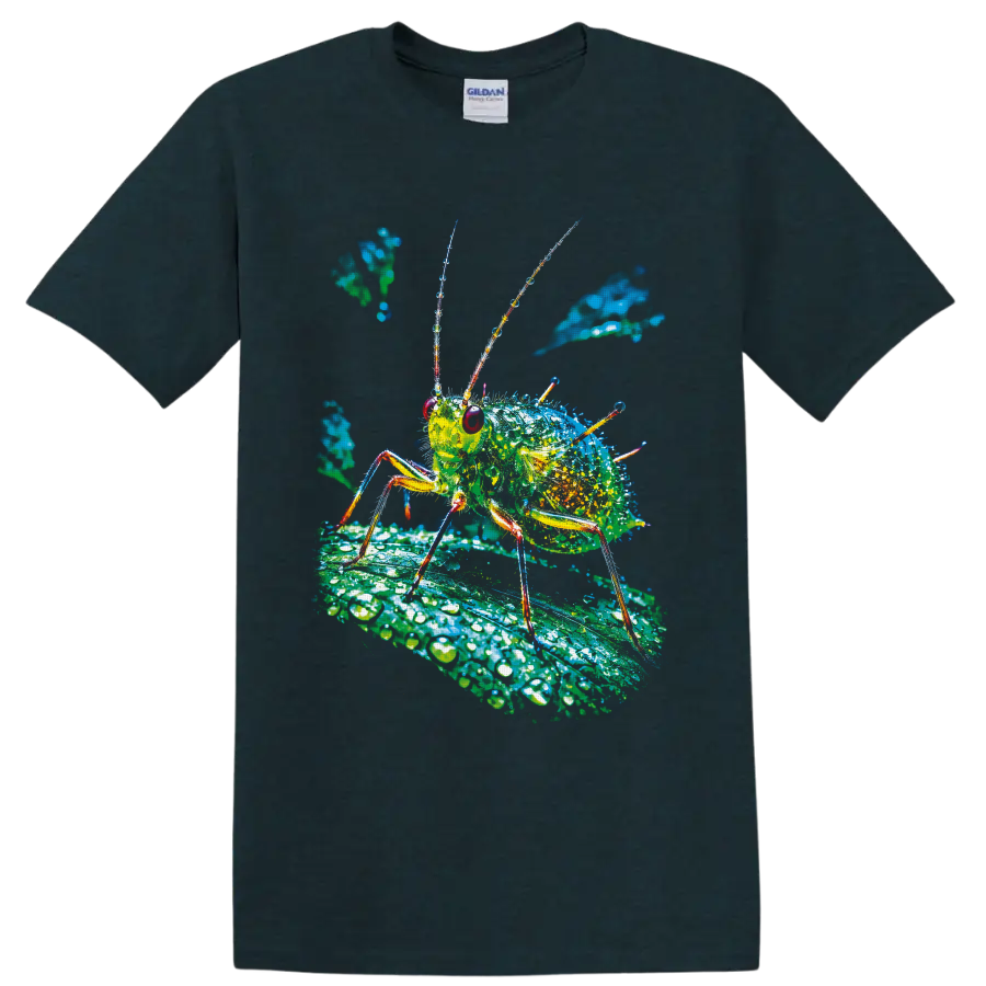 Colorful macro aphid illustration on a dew-covered leaf on a Midnight (Green) T Shirt