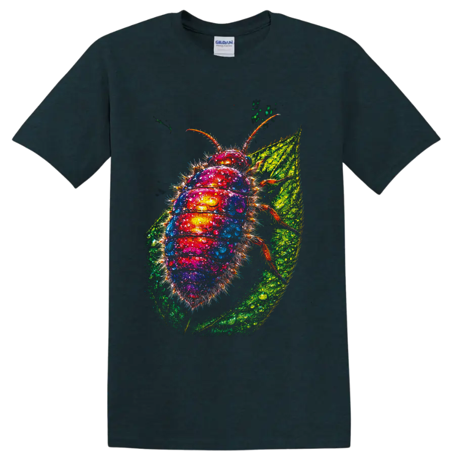 Colorful fuzzy caterpillar macro art with water droplets on a textured green leaf on a Midnight (Green) T Shirt