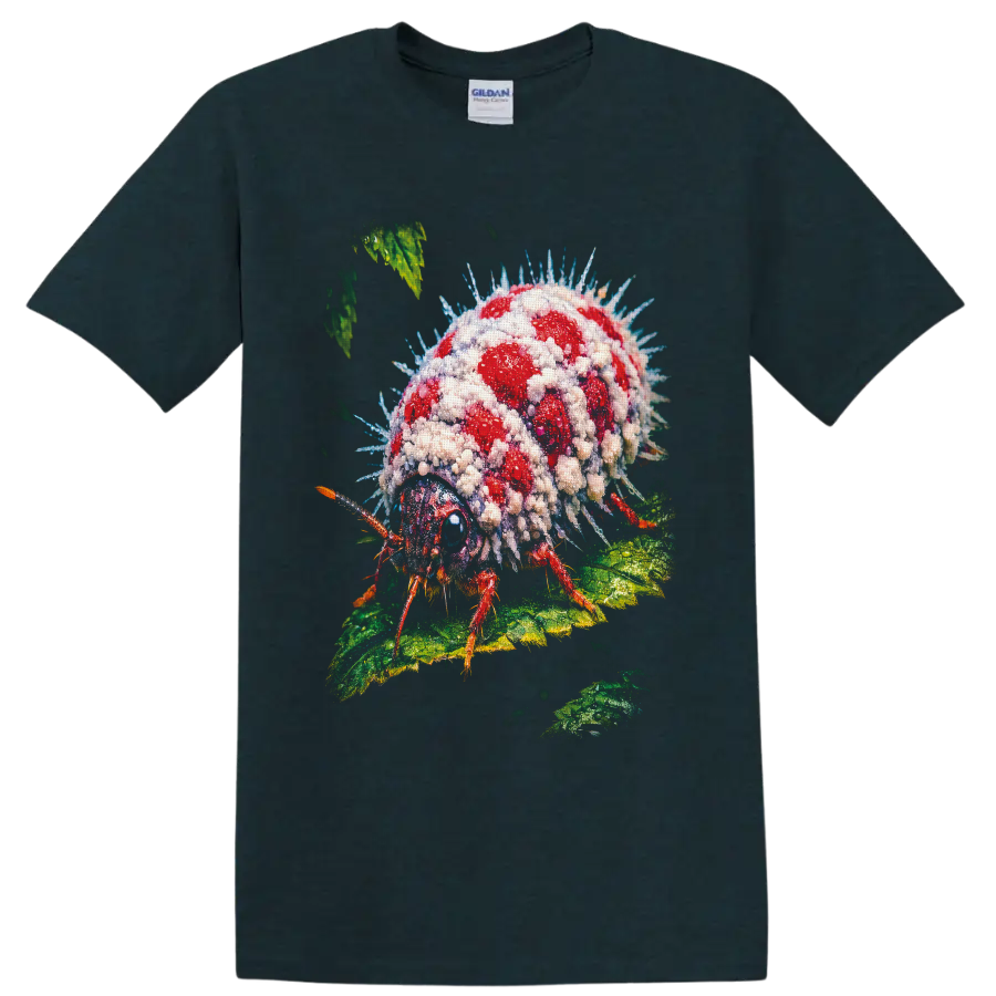 Surreal crystal-covered red ladybug with blue spines on textured green leaves on a Midnight (Green) T Shirt
