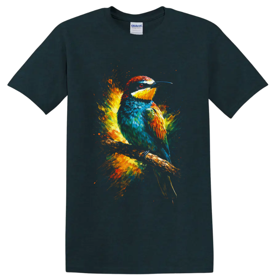 Colorful kingfisher perched on a branch in vibrant paint splash wildlife art on a Midnight (Green) T Shirt
