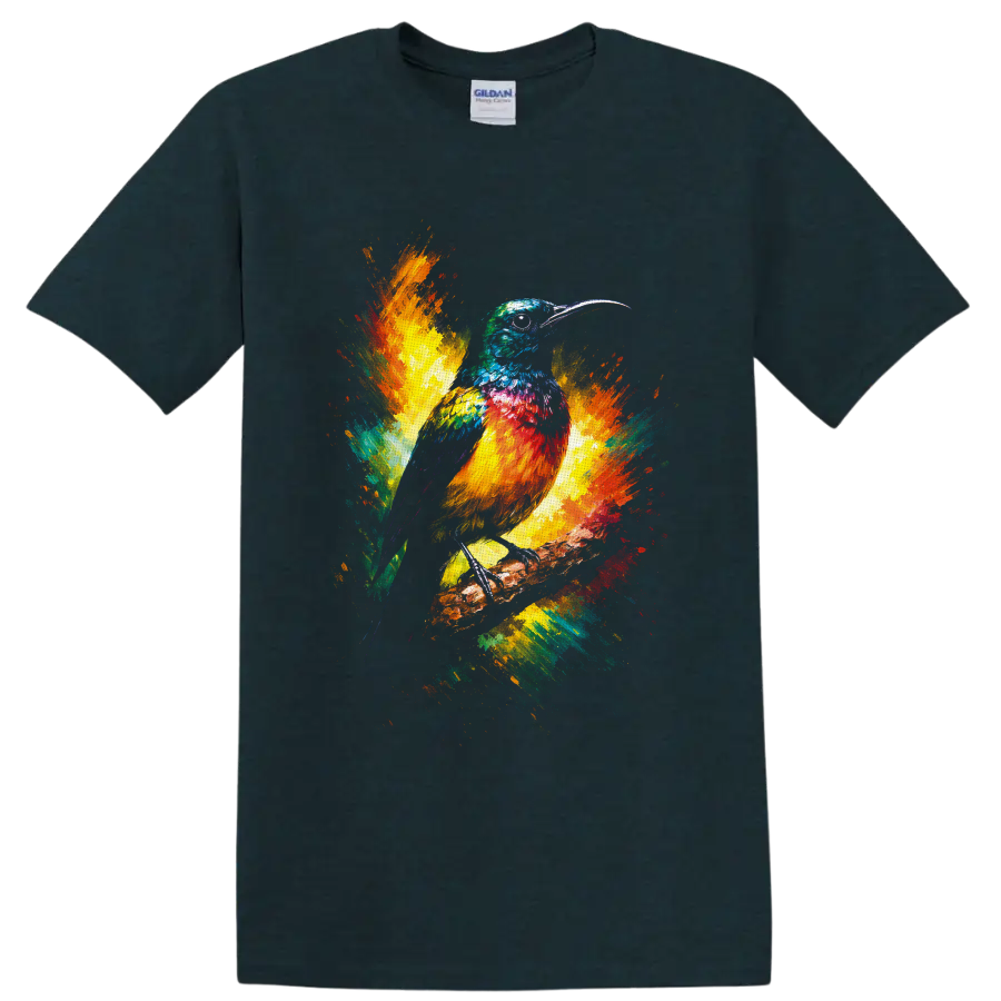 Colorful long-beaked bird on a branch with vibrant watercolor paint splashes on a Midnight (Green) T Shirt