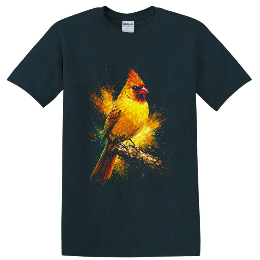 Cardinal bird on a branch in vivid multicolor paint splash wildlife art on a Midnight (Green) T Shirt