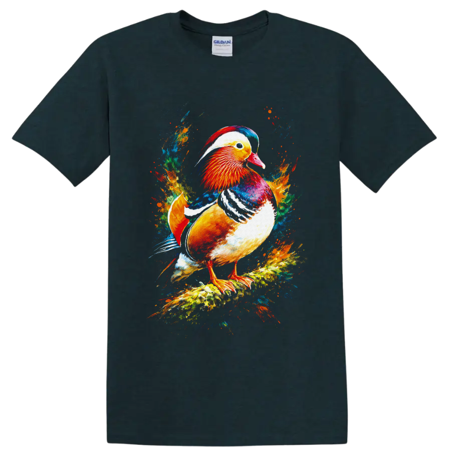 Mandarin duck in vivid painterly splash art on a branch on a Midnight (Green) T Shirt