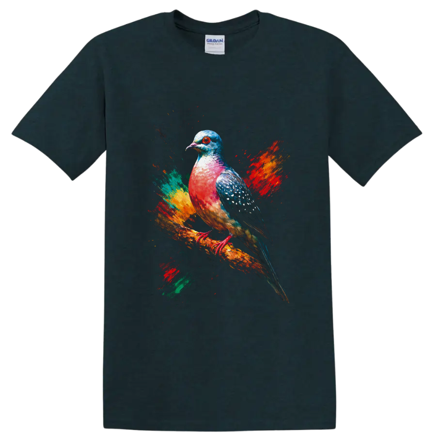 Colorful pigeon portrait on a branch with abstract paint splashes on a Midnight (Green) T Shirt