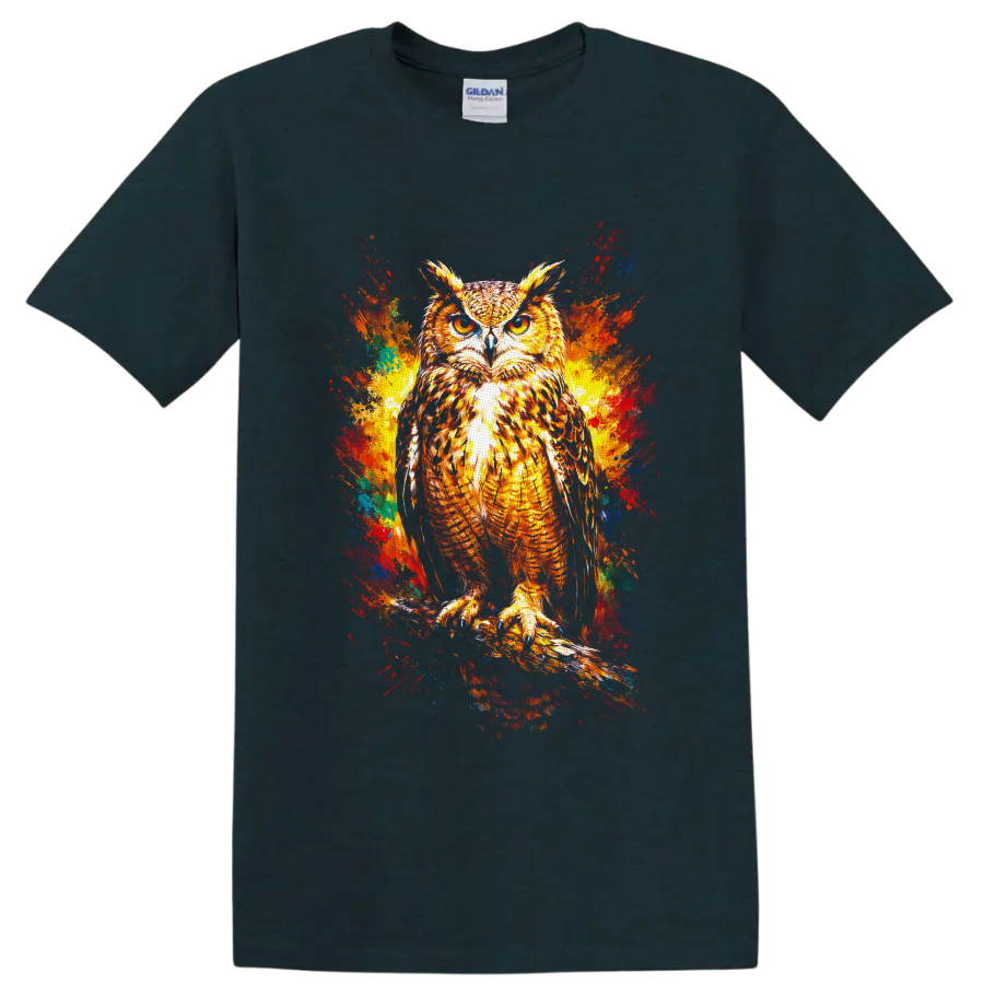 Golden-eyed owl illustration with colorful abstract paint splashes on a Midnight (Green) T Shirt