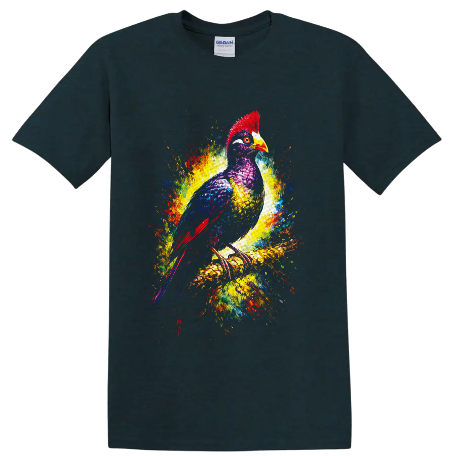 Colorful hornbill bird in vibrant painterly splashes perched on a branch on a Midnight (Green) T Shirt