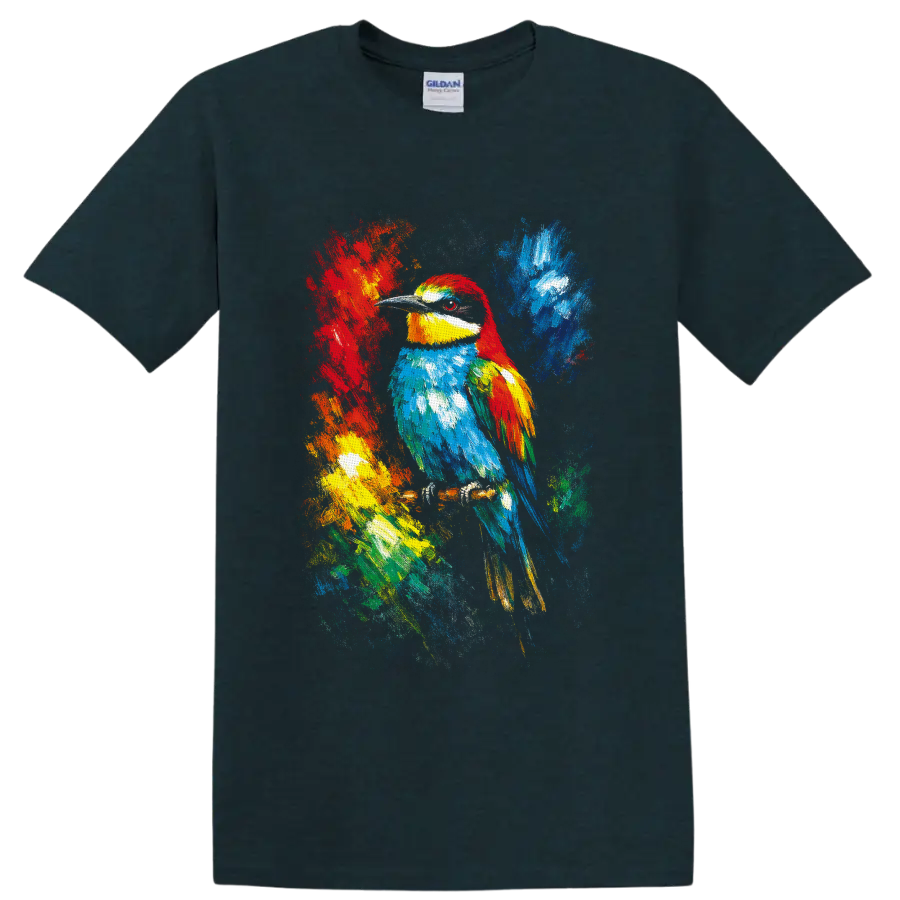 Colorful tropical bird portrait with abstract paint splashes and textured brushstrokes on a Midnight (Green) T Shirt