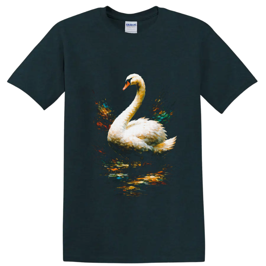 Mute swan with colorful watercolor splashes and reflective water on a Midnight (Green) T Shirt