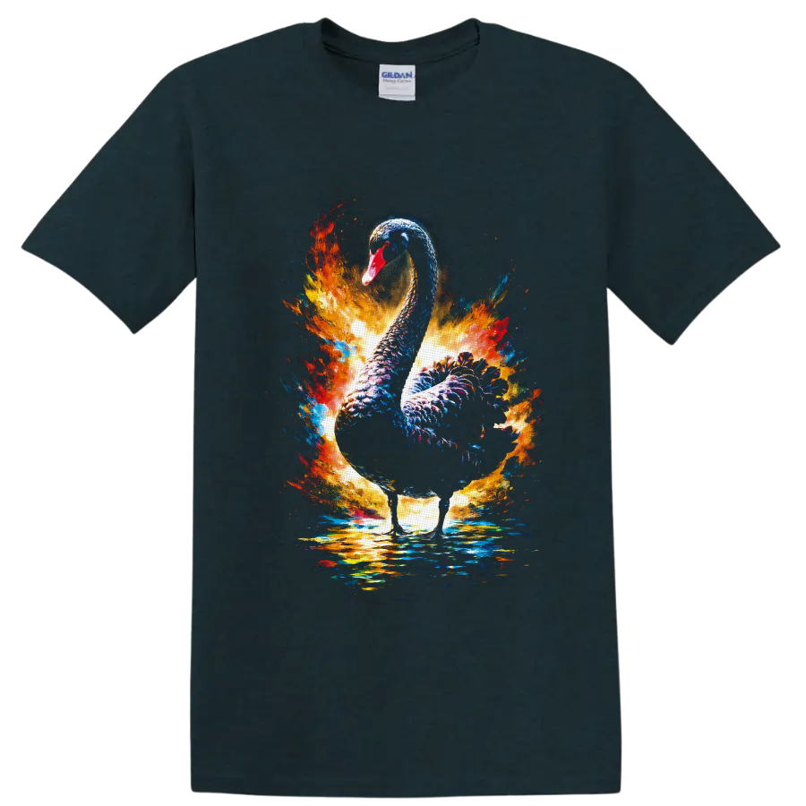 Black swan with vivid blue, orange, and gold paint splashes over reflective water on a Midnight (Green) T Shirt