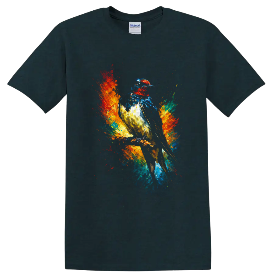 Colorful perched songbird in expressive paint splashes and textured brushstrokes on a Midnight (Green) T Shirt