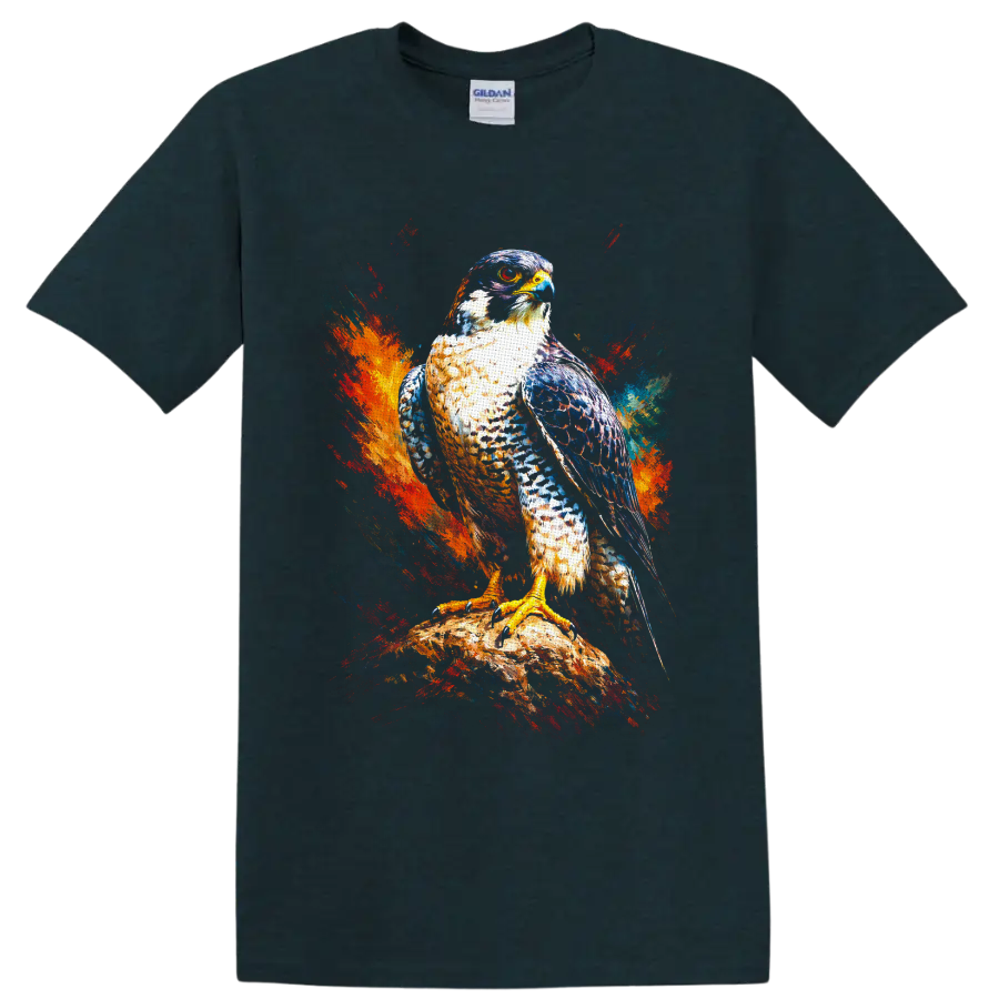 Peregrine falcon perched on a rock with vivid abstract paint splashes on a Midnight (Green) T Shirt