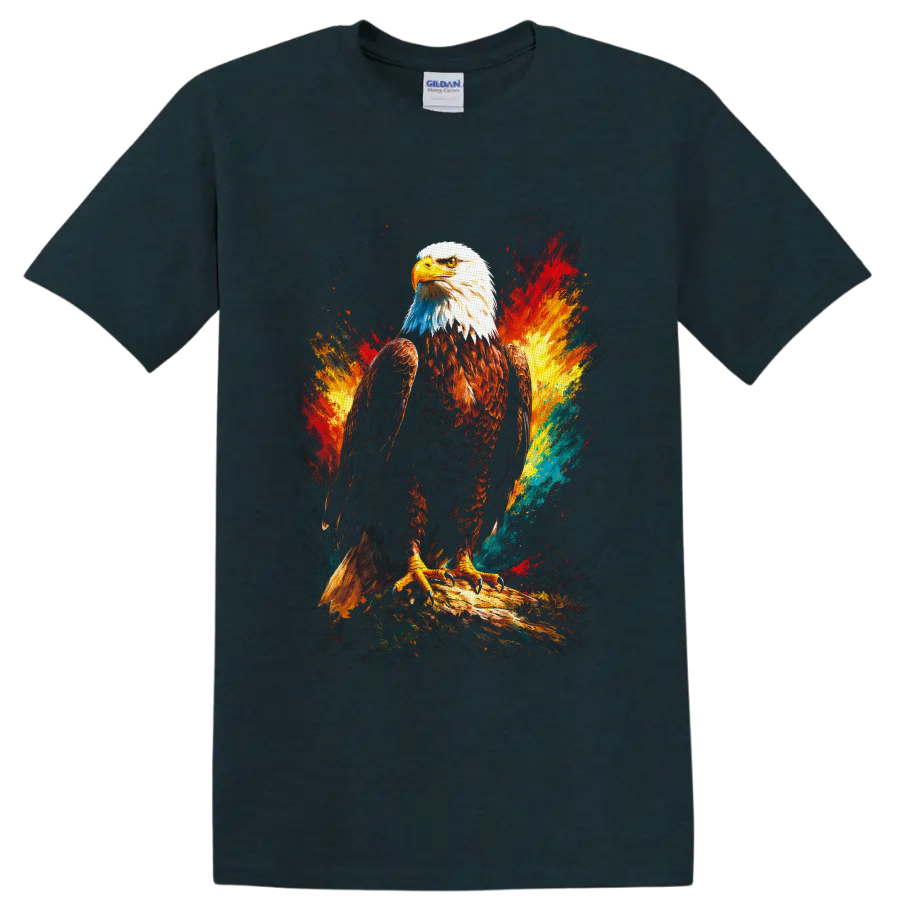 Painterly bald eagle on a branch with vivid red, gold, blue, and teal color splashes on a Midnight (Green) T Shirt