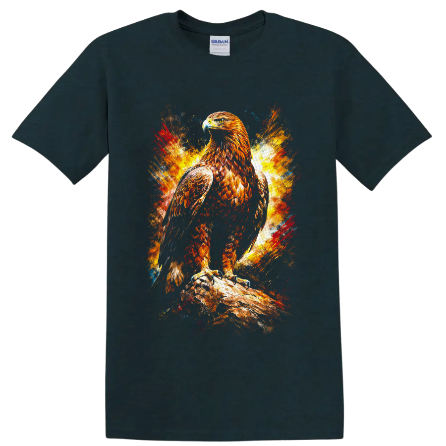 Fiery paint-splash bald eagle perched on a branch wildlife graphic on a Midnight (Green) T Shirt