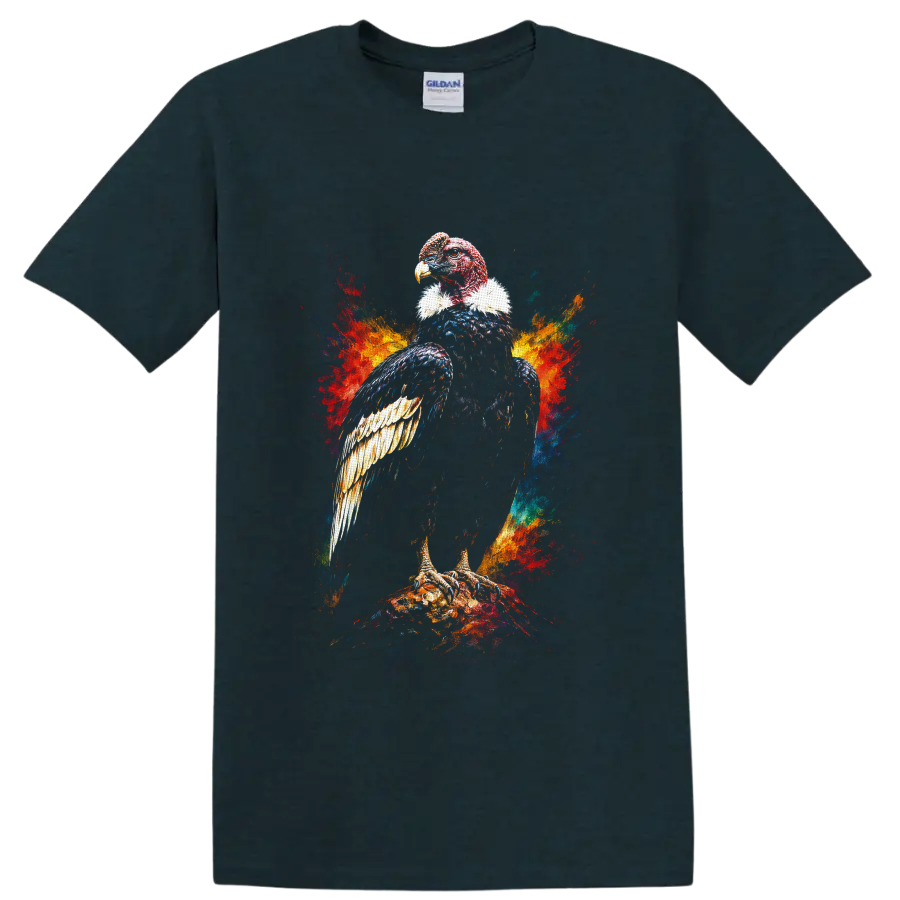 Colorful painterly vulture bird of prey perched amid vivid paint splashes on a Midnight (Green) T Shirt