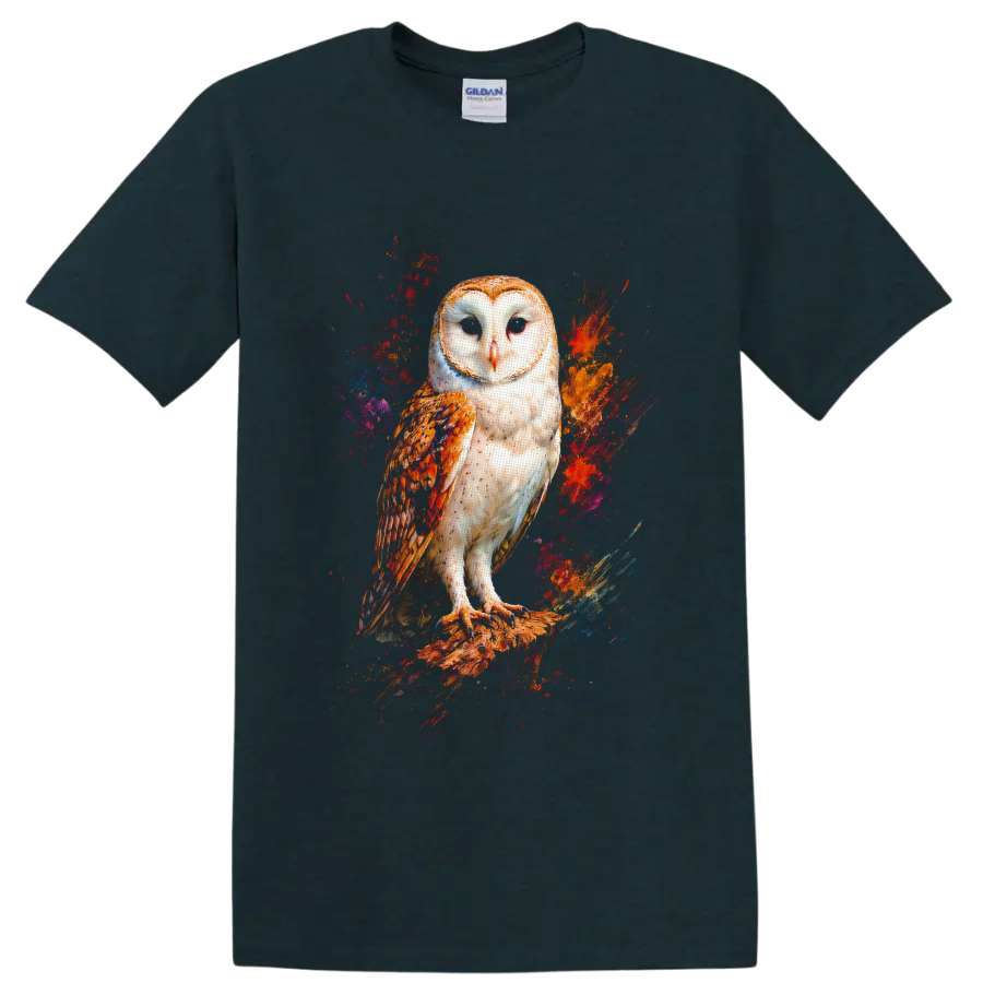 Barn owl perched on a branch with vivid abstract paint splashes on a Midnight (Green) T Shirt