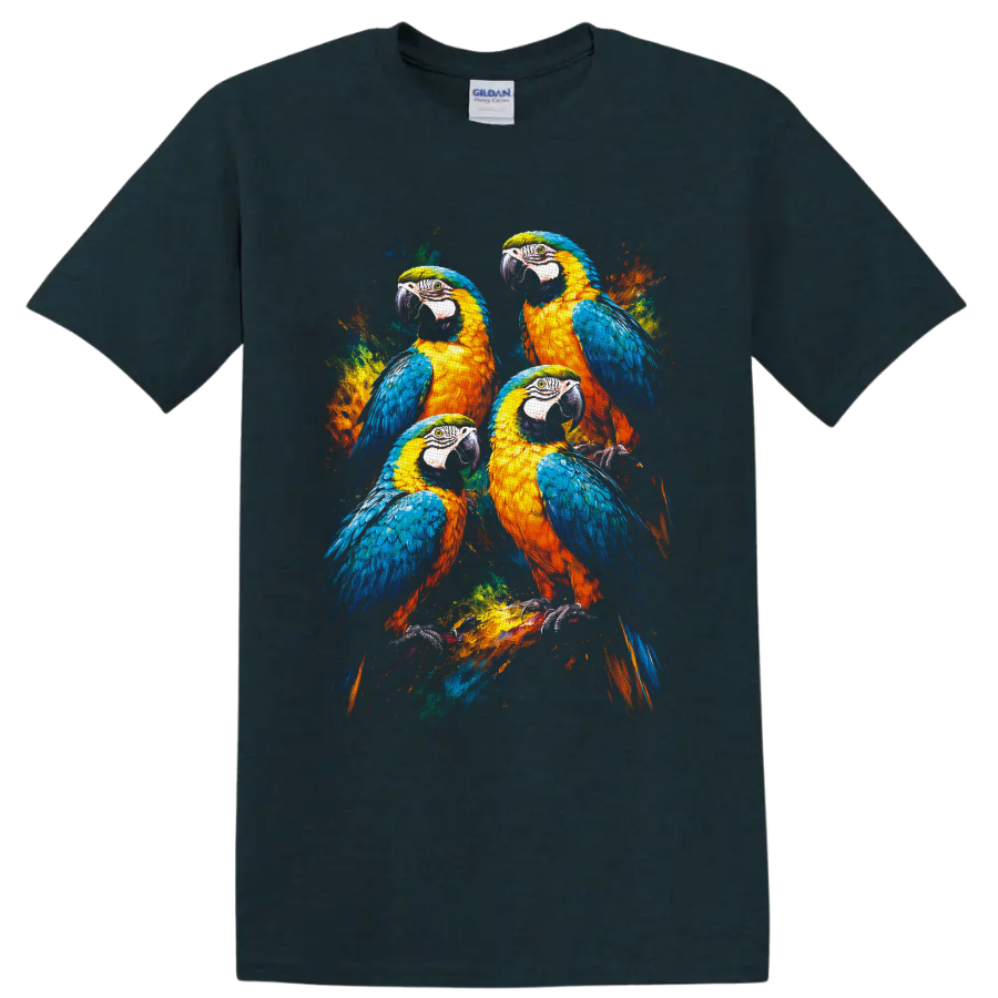 Four blue-and-yellow macaws in a vibrant paint-splash wildlife illustration on a Midnight (Green) T Shirt