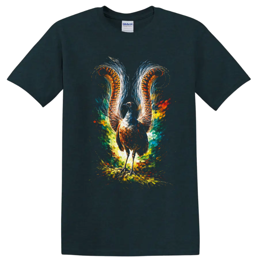 Colorful fantasy pheasant with fiery feather wings and abstract paint splashes on a Midnight (Green) T Shirt