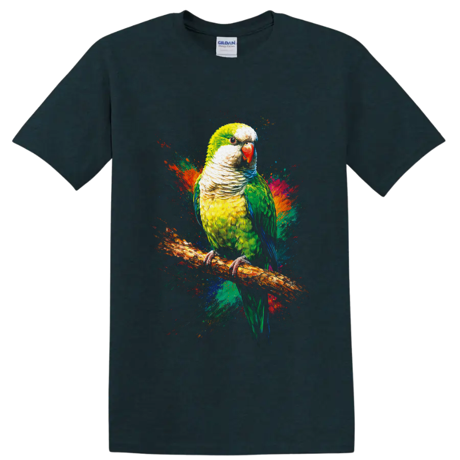 Monk parakeet portrait on branch with vibrant abstract paint splashes on a Midnight (Green) T Shirt