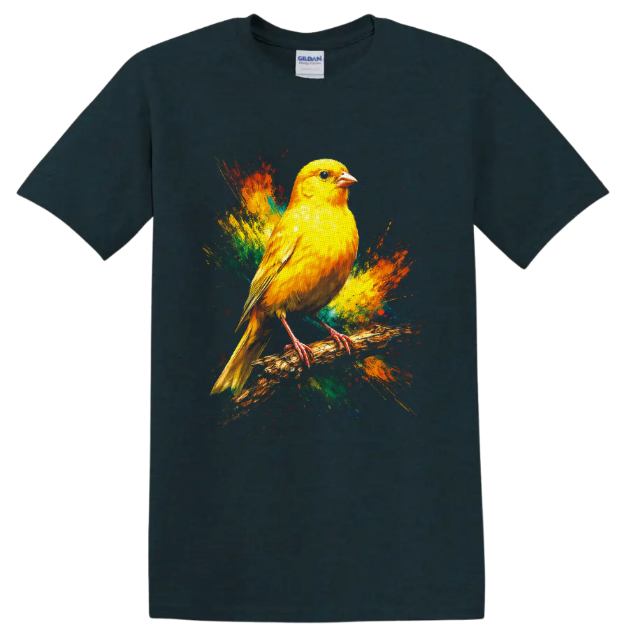 Yellow canary perched on a branch with colorful paint splash art on a Midnight (Green) T Shirt