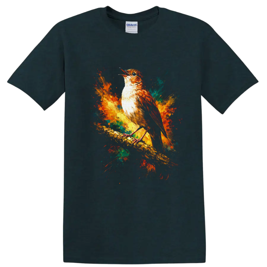 Perched songbird on a branch with colorful watercolor paint splashes on a Midnight (Green) T Shirt