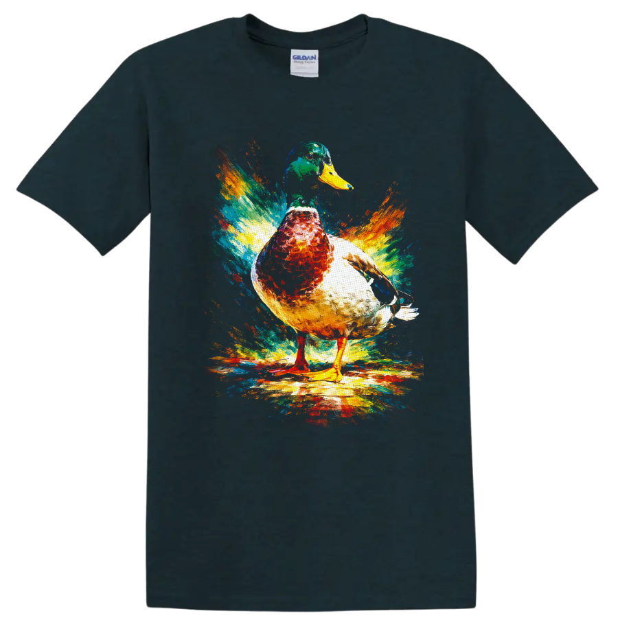 Painterly mallard duck with vibrant abstract color splash brushstrokes on a Midnight (Green) T Shirt