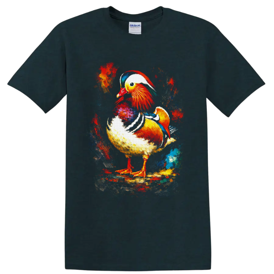 Painterly Mandarin duck with vivid red, gold, teal, and blue abstract splashes on a Midnight (Green) T Shirt