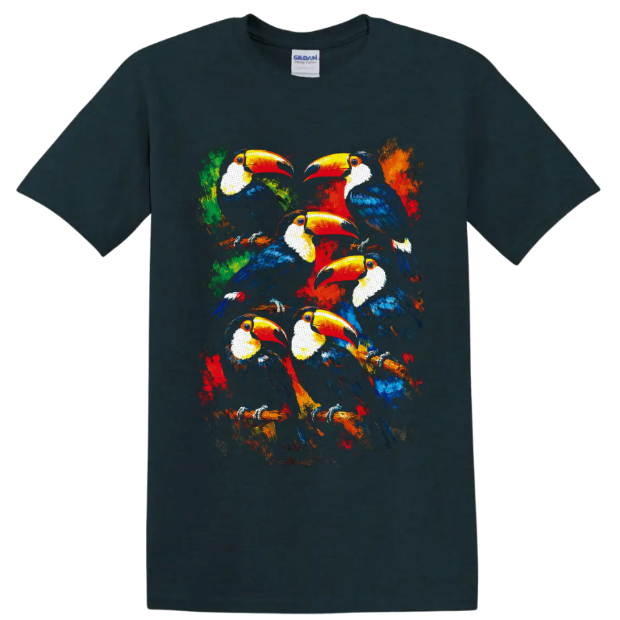 Painterly flock of six toucans on branches with vibrant tropical foliage on a Midnight (Green) T Shirt