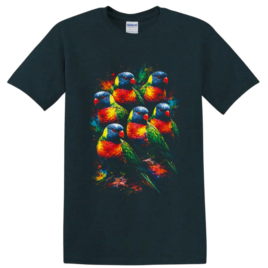 Six rainbow lorikeet parrots in colorful paint-splatter wildlife art on a Midnight (Green) T Shirt