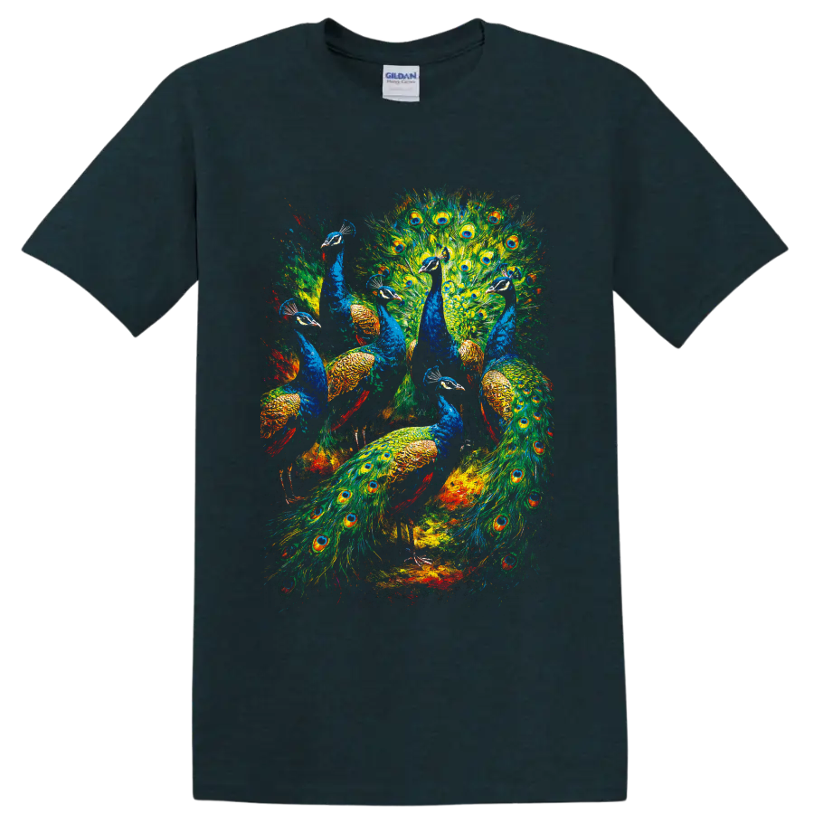 Colorful painterly peacock flock with blue birds and eye-spotted feather fans on a Midnight (Green) T Shirt