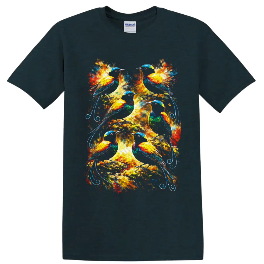 Six colorful birds in a radiant tree with painterly foliage and blue scrollwork on a Midnight (Green) T Shirt