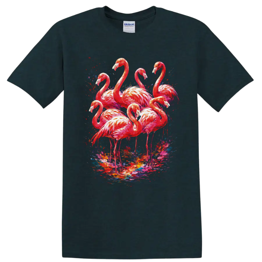 Painterly pink flamingo flock with vivid abstract tropical paint splashes on a Midnight (Green) T Shirt