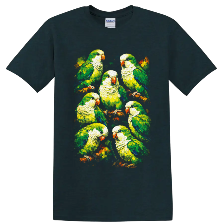 Painterly flock of seven green monk parakeets perched on colorful branches on a Midnight (Green) T Shirt