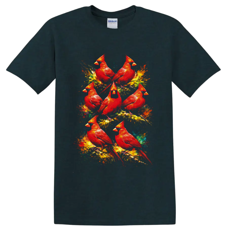 Seven red cardinals in colorful painterly wildlife art with abstract paint splashes on a Midnight (Green) T Shirt