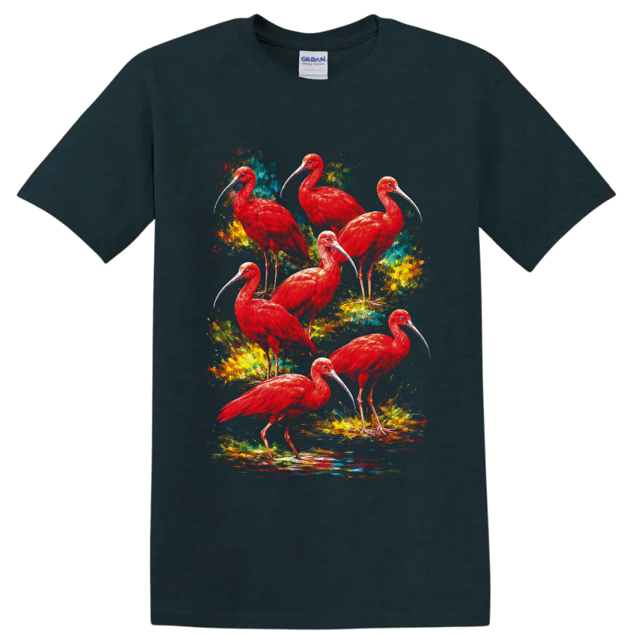 Seven scarlet ibis birds in colorful tropical watercolor splatter art on a Midnight (Green) T Shirt