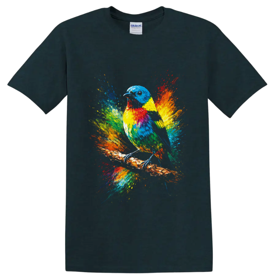 Colorful bird on a branch with vibrant rainbow paint splashes on a Midnight (Green) T Shirt