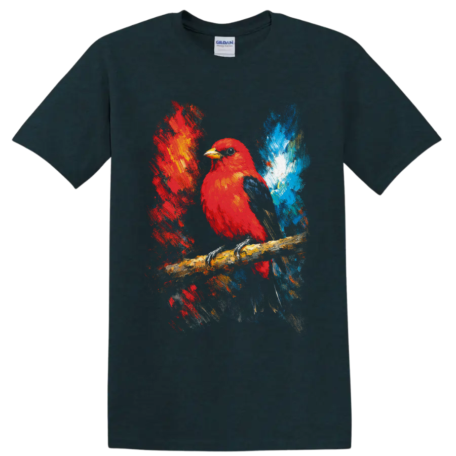 Red cardinal perched on a branch in colorful expressive painterly wildlife art on a Midnight (Green) T Shirt