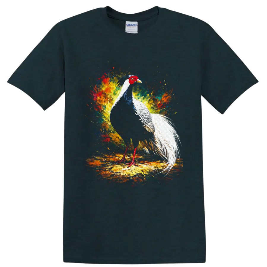 Silver pheasant with long white tail in colorful paint splash wildlife art on a Midnight (Green) T Shirt