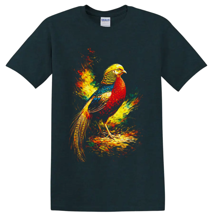 Colorful long-tailed bird in vibrant red, yellow, blue, and green paint splash art on a Midnight (Green) T Shirt