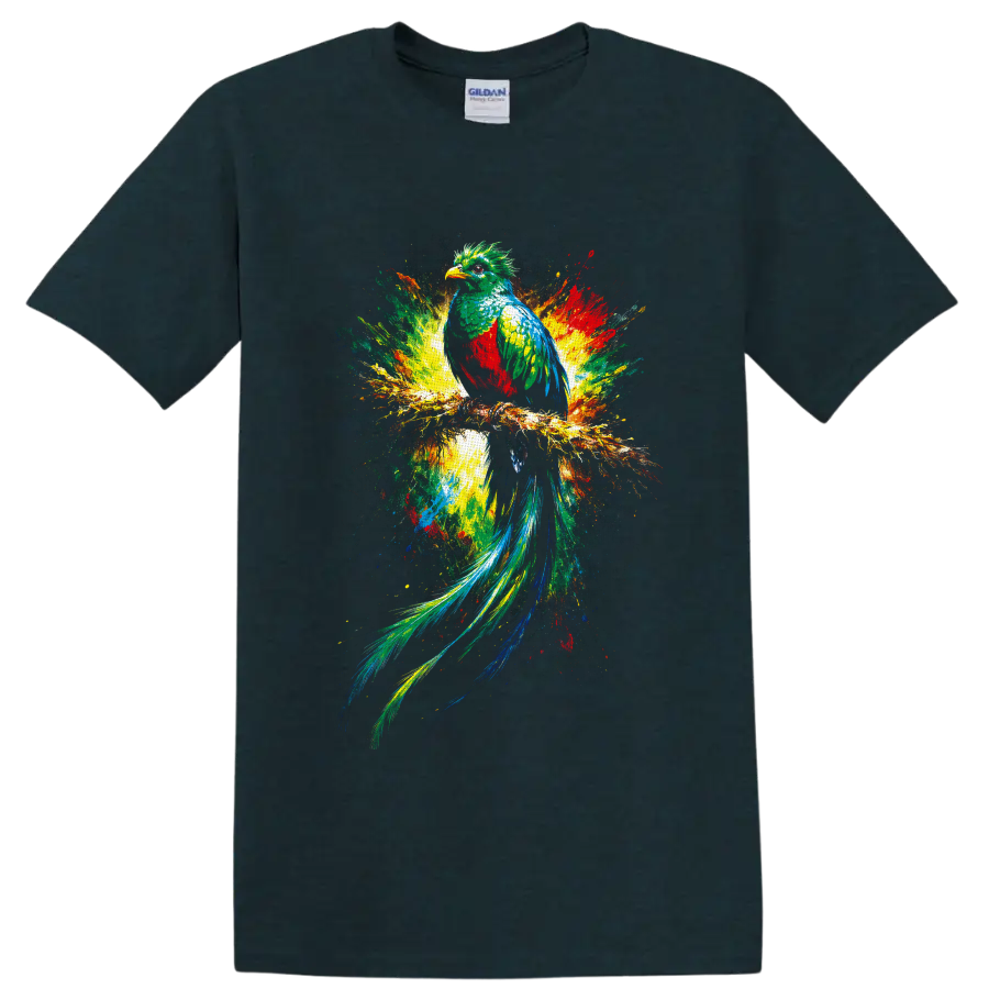 Colorful quetzal bird perched on a branch in vibrant tropical splash-art on a Midnight (Green) T Shirt